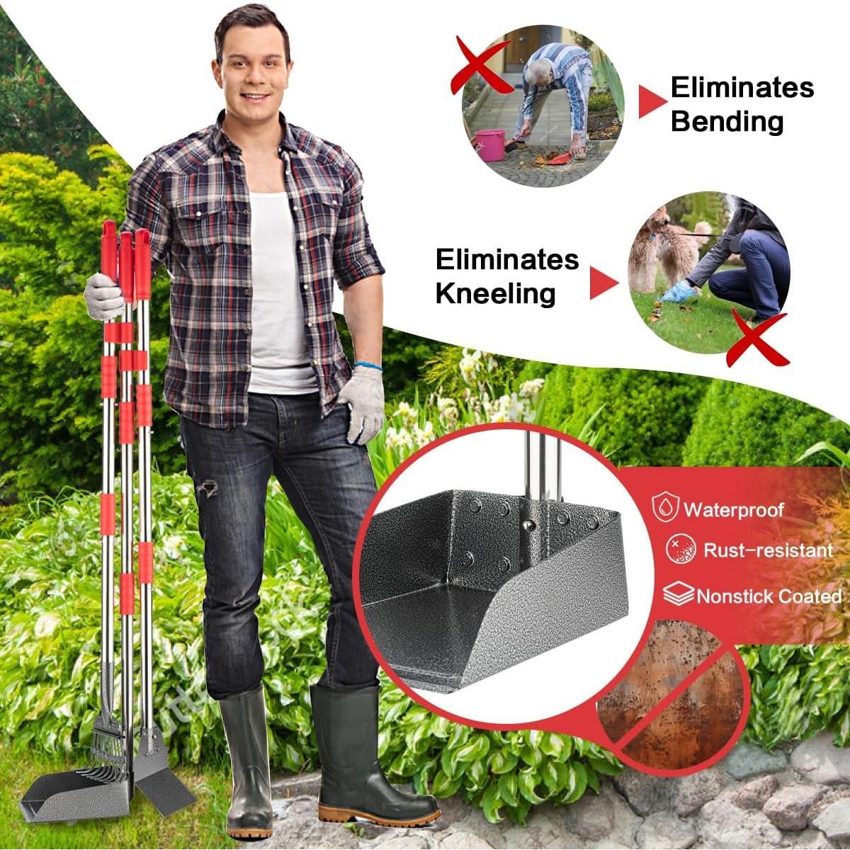 Pooper Scooper, Long Handle  Pooper Scooper, Heavy Duty Stainless Steel Rake with Tray & Spade Set for Pet  Removal, for Grass, Dirt or Gravel