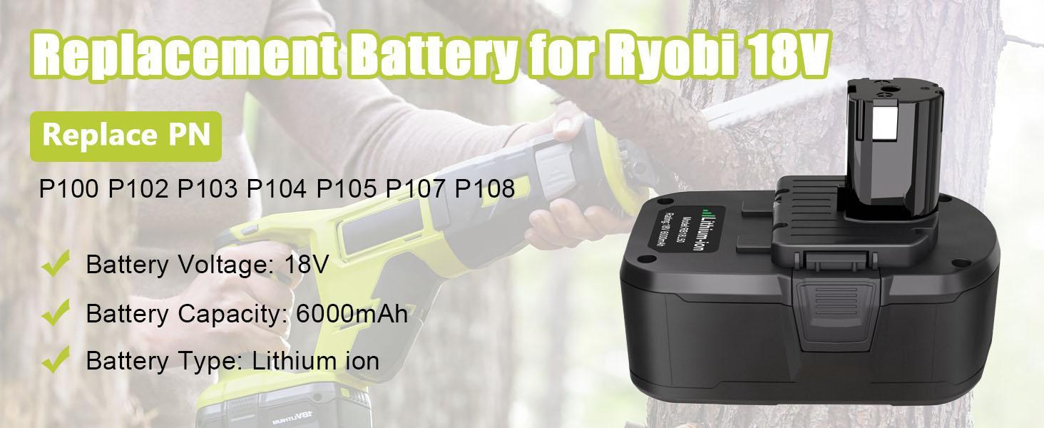 2 Packs 6Ah/8Ah Lithium-ion Replacement Battery for Ryobi 18V Battery Compatible for  Ryobi 18-Volt Cordless Power Tools