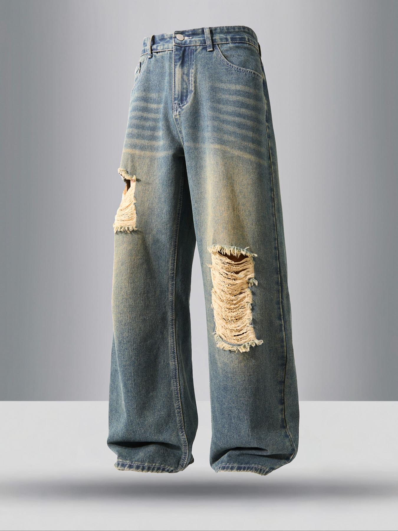Men's retro vintage washed straight leg jeans, Fashion Casual Jeans, Denim Trouser, casual four season streetwear street style, zipper placket, solid color pattern, daily wear of denim pants, if you like loose fit, it is recommended to buy one size larger