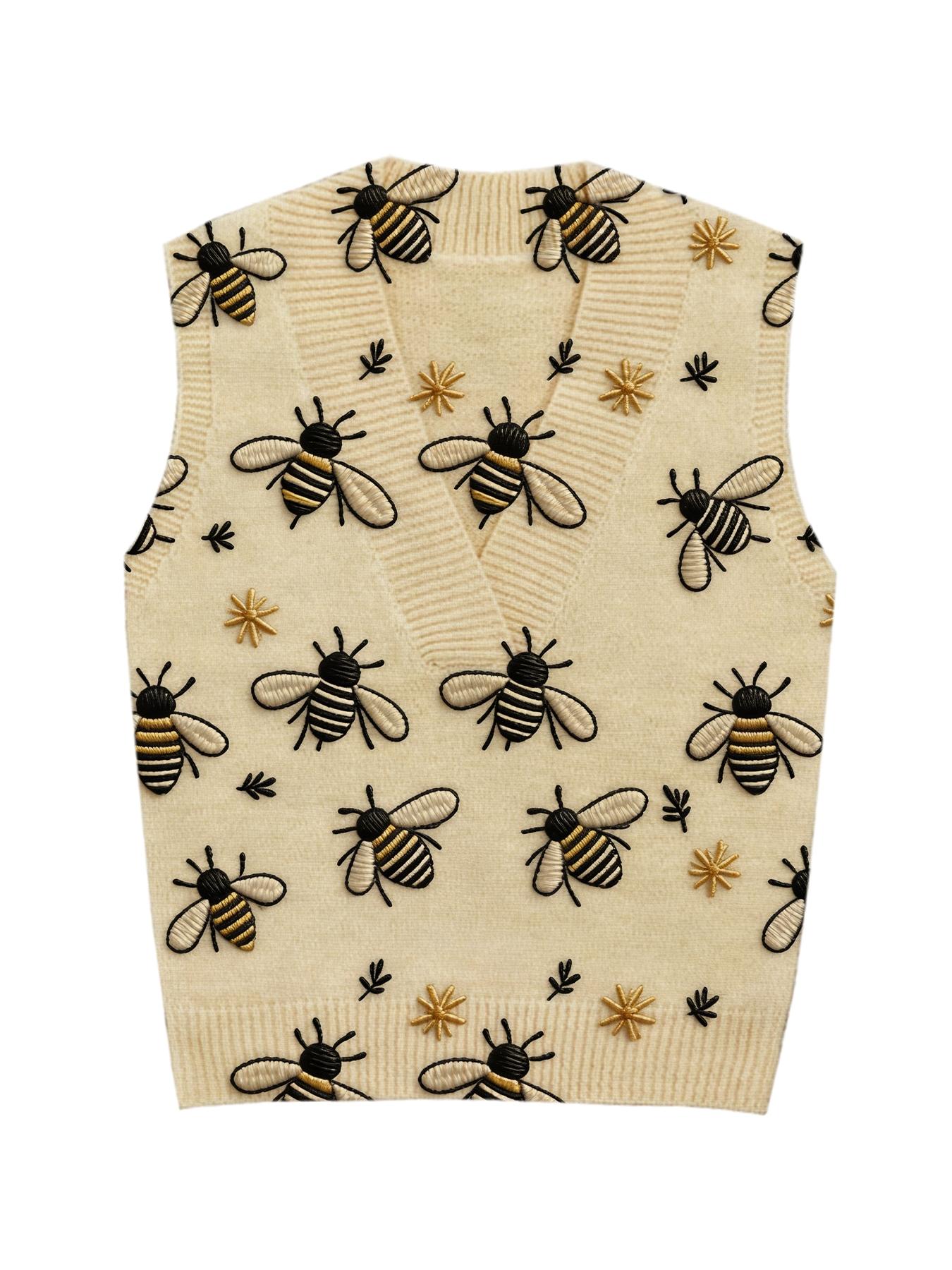 Spring Summer Elegant Women's Cartoon Bee Animal Print Vest, Cross Deep V Neck Sleeveless Knit Sweater, Casual Breathable Top