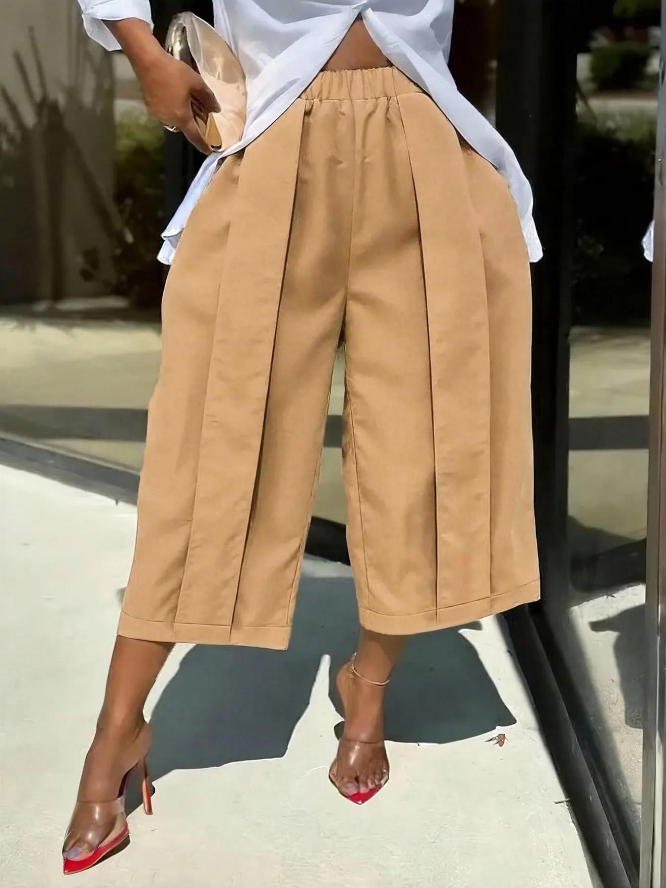 Women's Wide Leg Seven-Quarter Pants Bottom, Summer New Arrival, Elastic Waist, Pleated Slim Fit, Casual Camouflage Workwear