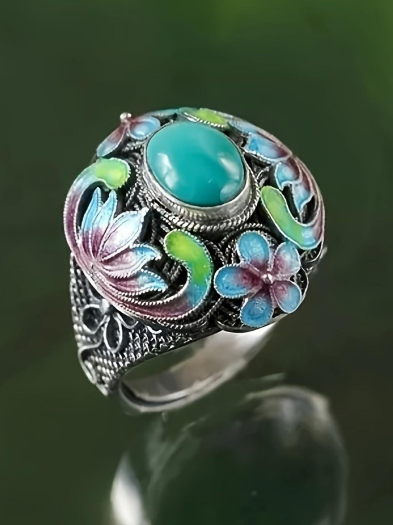 Women's Vintage Elegant Floral Texture Turquoise Ring, Wedding Engagement Party Jewelry Gift, 1pcs Fashion Accessory