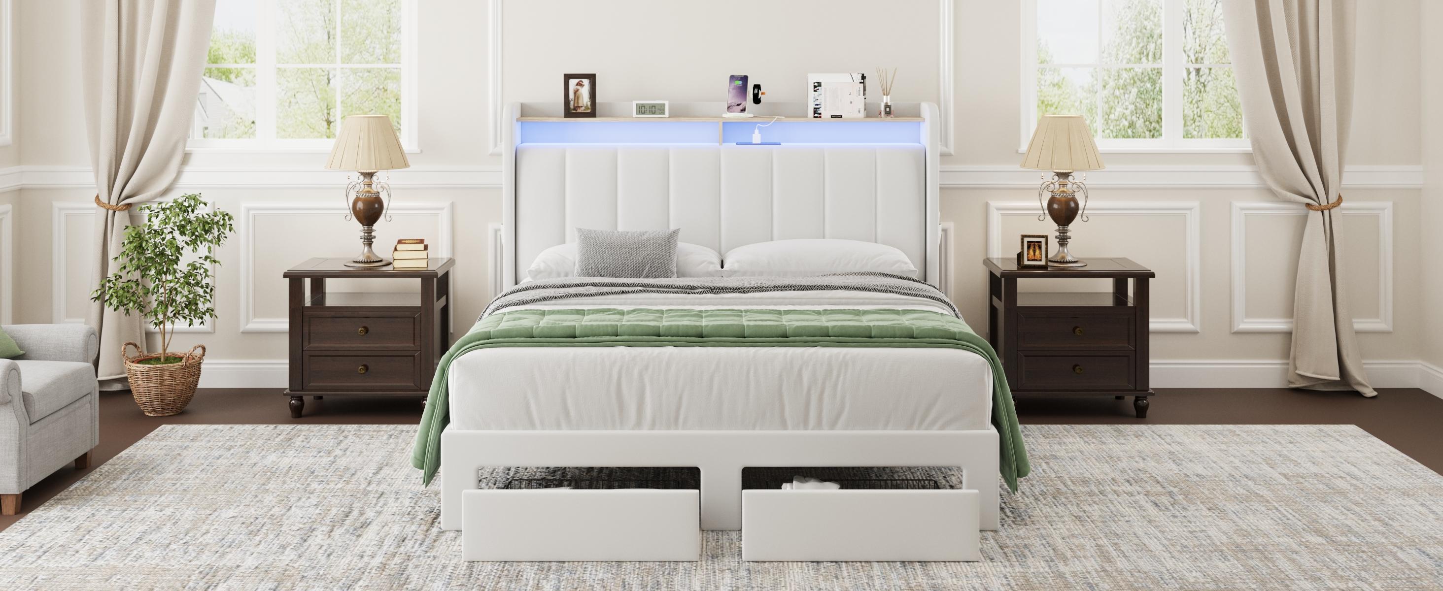 MUTICOR Upholstered Bed Frame with LED Shelf Headboard & 2 Drawers, Linen or Velvet Fabric, Smart Outlets,Full/King/Queen Bed Frame, No Box Spring Needed#TikTokShopBlackFriday #ChristmasGifts