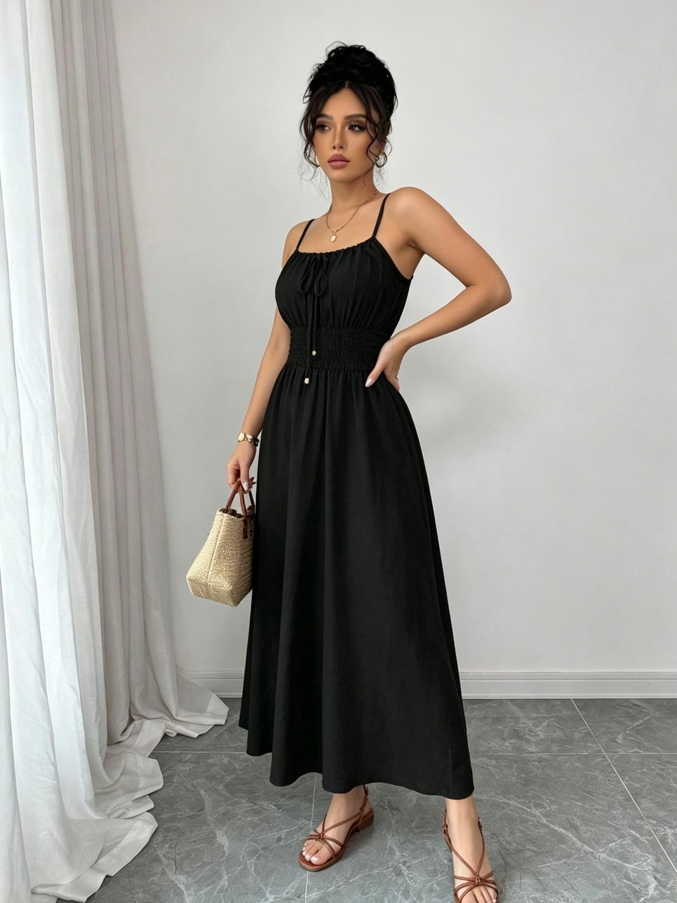 A women's fashionable and high-end French gentle style waist cinching sleeveless camisole dress with lace up bead design, Summer Casual Sundress, suitable for summer, beach wear, dates, dinners, and travel.