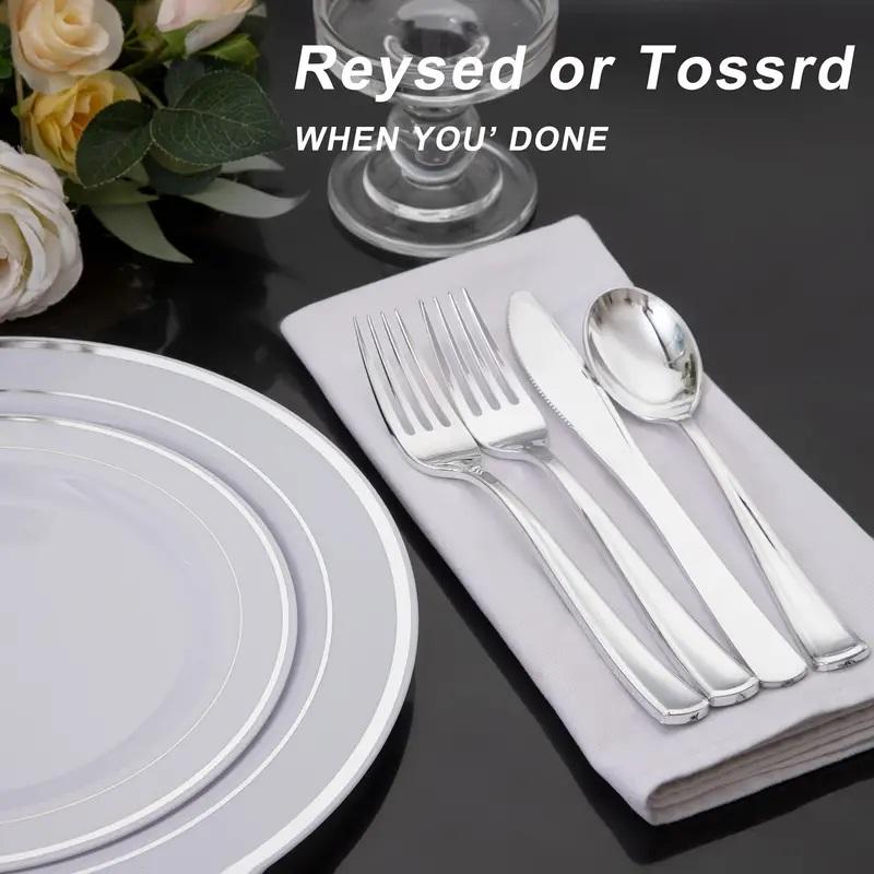 Wellife 400PCS Plastic Cutlery  Include 200 Forks, 100 Spoons, 100 Knives, Silver Disposable Silverware Perfect for Wedding, Party
