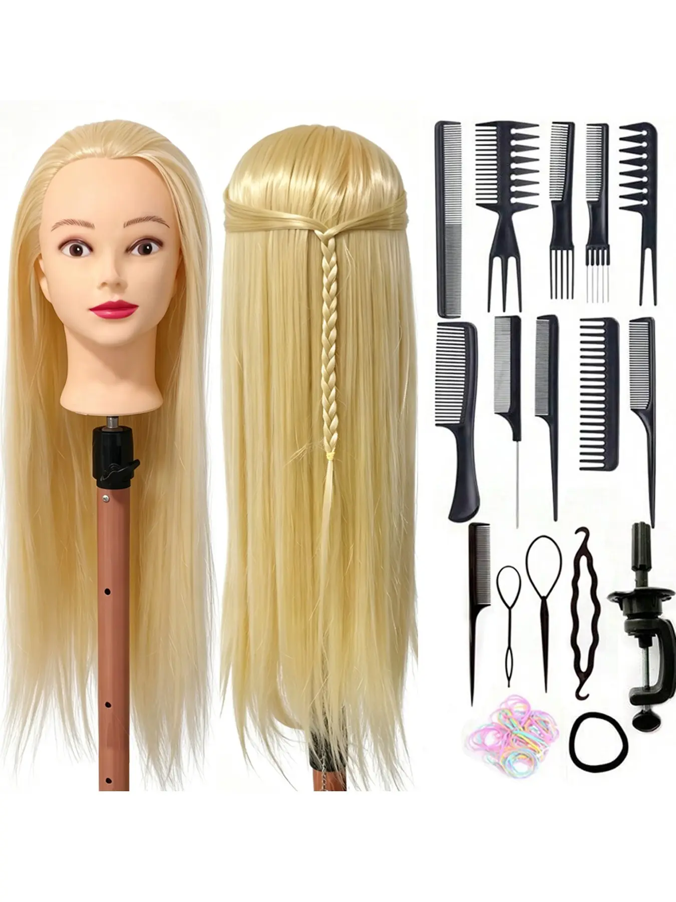 18pcs Mannequin Head Synthetic Hair, 26" Cosmetology Mannequin Manikin Head, Practice Training Doll Head with Clamp Holder and Tools