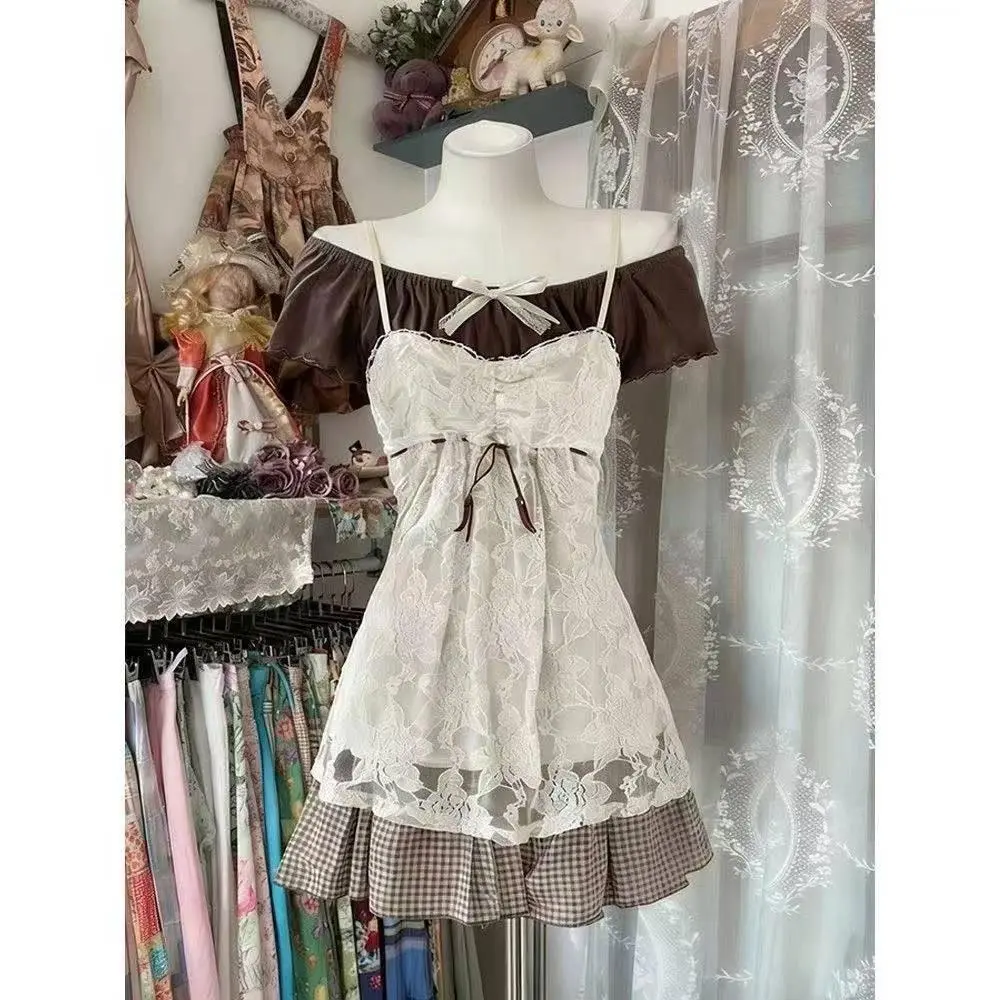 Y2K Sweet Lolita Two Piece Suits Women Vintage Japanese Ruffle Top High Waist Skirt Kawaii Daily Street Party Outfits