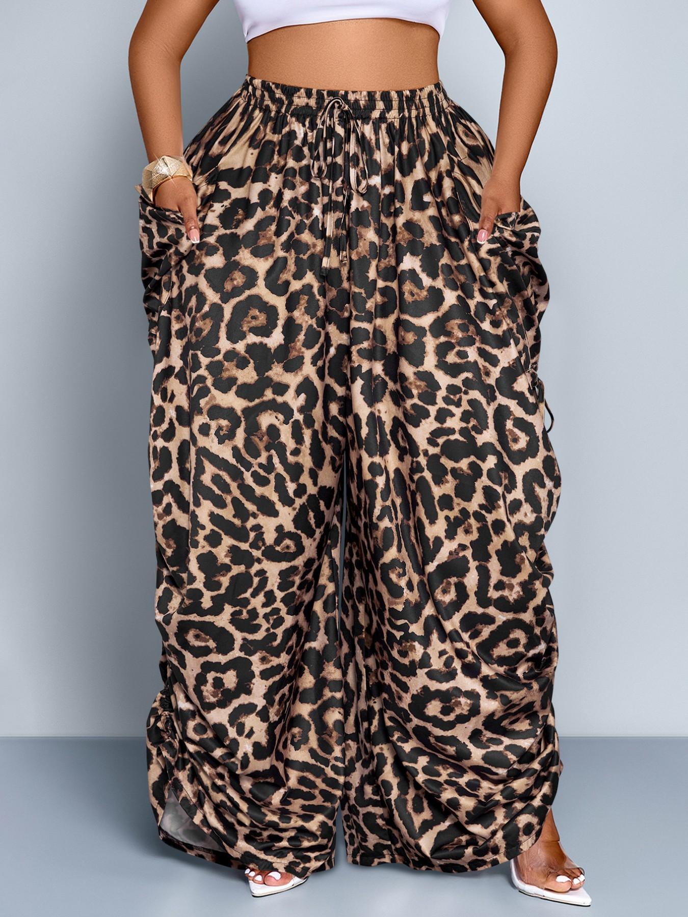 Women's Plus Size Leopard Print Wide Leg Pants, High Waist Elastic Waist Adjustable, Loose-Fitting Long Pants, Casual All Seasons Fashion