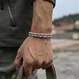 Fashionable Cuban Braided Double Layer Bamboo Open Bracelet Hip Hop Silver Color Men's Bracelet Street Party Jewelry