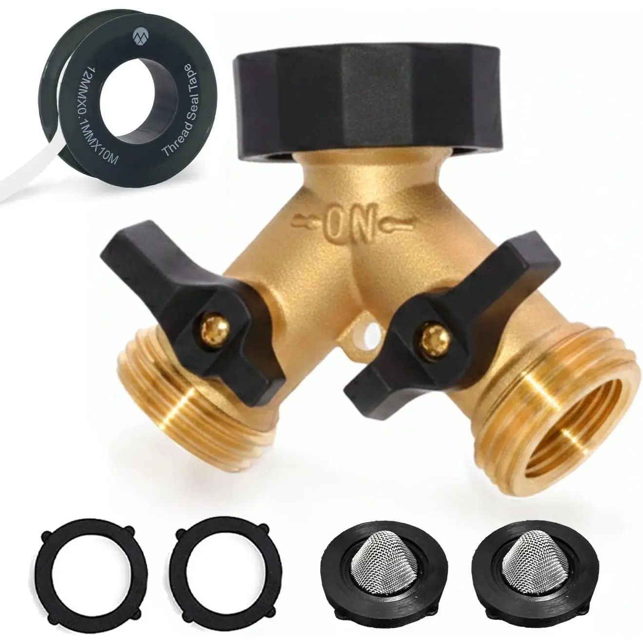 Heavy Duty Garden Hose Splitter Brass Connector with Comfortable Rubber Grip /OFF Two Valves, Y Splitter for Outlet, Water Tap & Spigot, Includes 2 Washers, 2 Filter Washers & Teflon Tape
