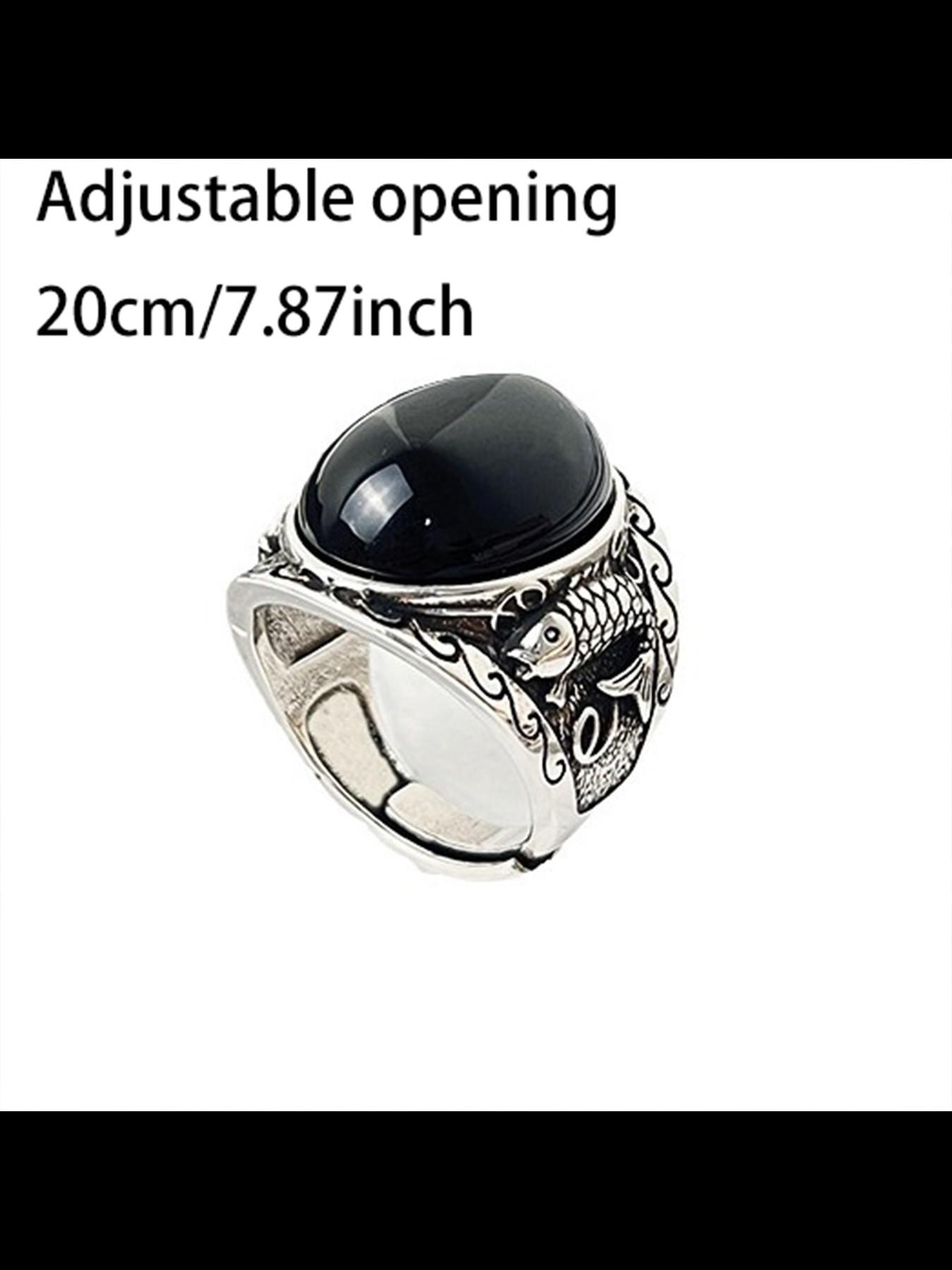 Vintage Obsidian Ring for Men, Koi Fish Ethnic Pattern, Adjustable Copper Chain, Casual Style, All Seasons Jewelry