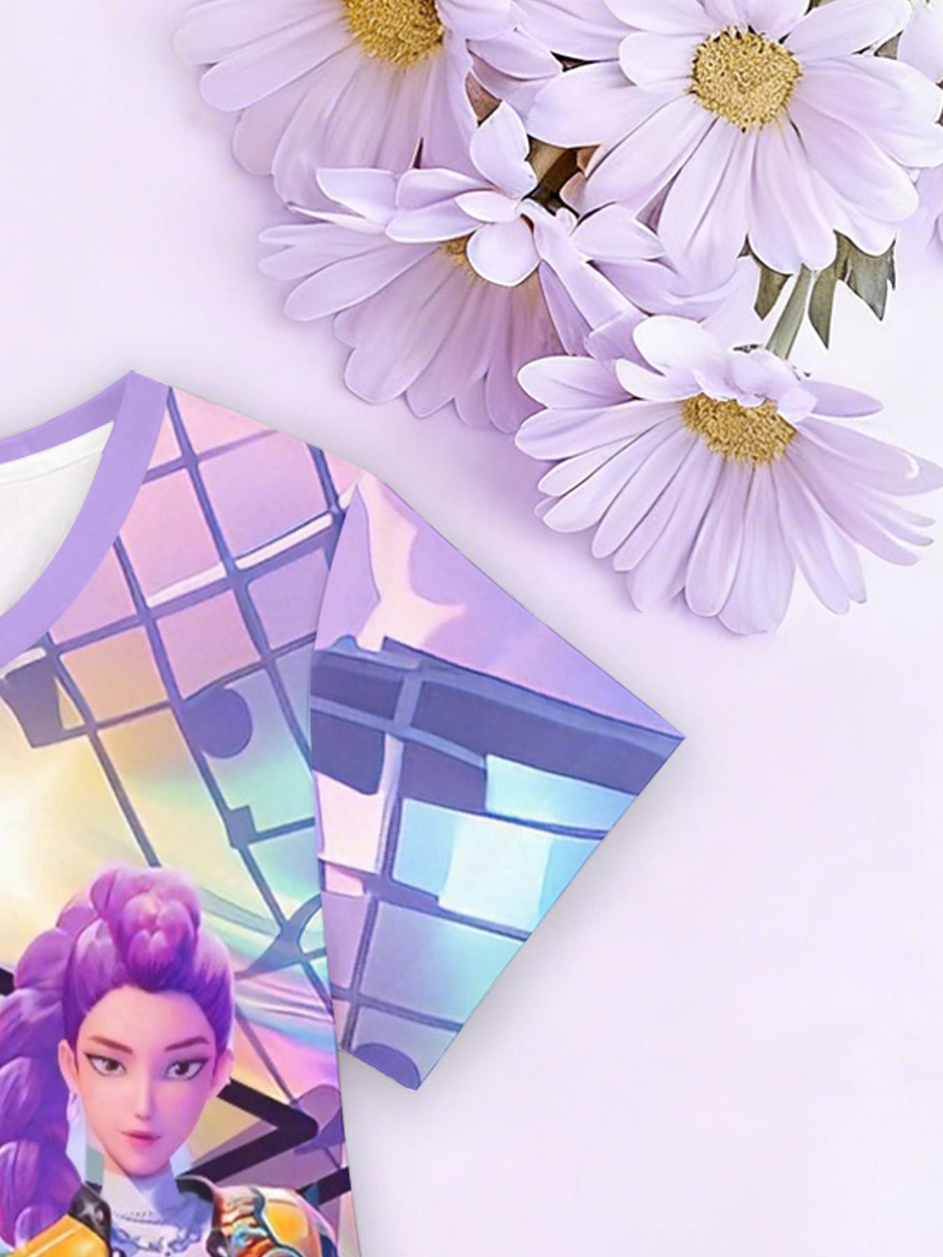 Girls' 3D Short Sleeve Dress, K-Pop Demon Hunters Neon Stage Print, Summer Party Wear, Perfect for Gifts and Birthdays