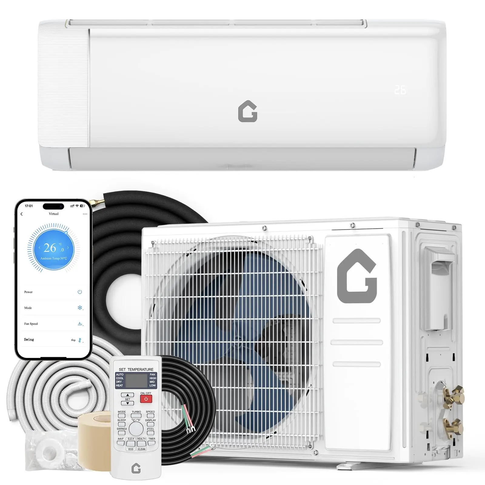 GARVEE 12000 BTU 21 SEER2 Ductless Inverter Mini Split Air Conditioner with Heat Pump, Wall-Mounted WiFi Enabled Cooling & Heating System, Remote Control Included, for Rooms Up to 750 Sq.Ft, Mini Splits