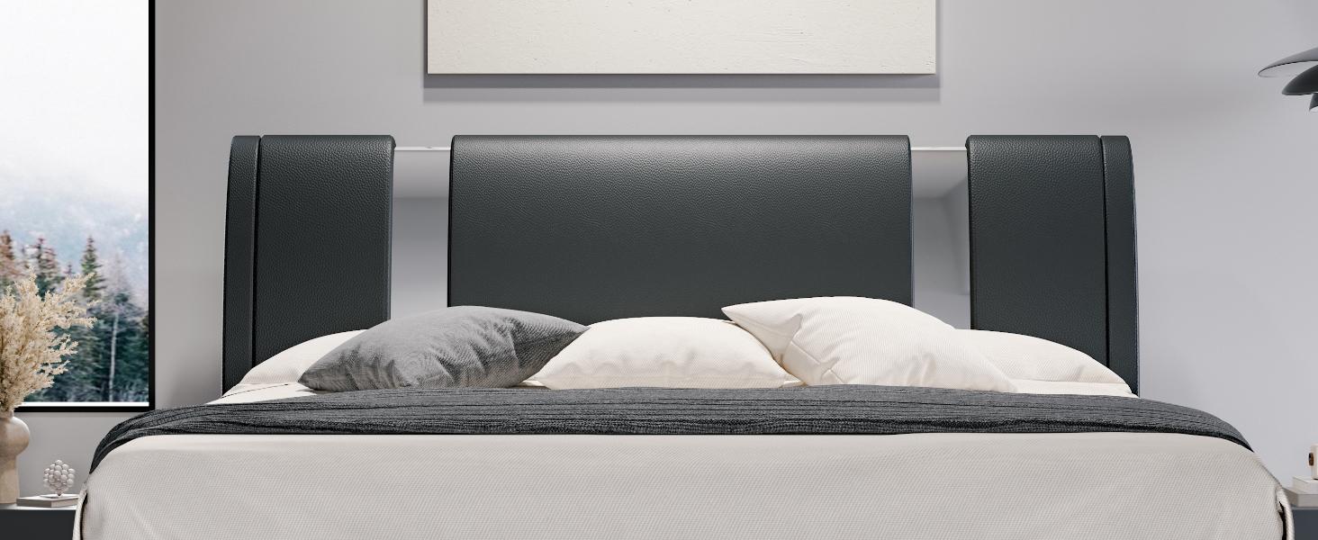 HOOMIC Modern Faux Leather Platform Bed Frame【Frame Only No Mattress】with Iron Pieces Decor,Low Profile Platform Bed with Height-adjustable Headboard,Solid Wood Slat Support,No Box Spring Needed,Queen/King Size#SummerVibes