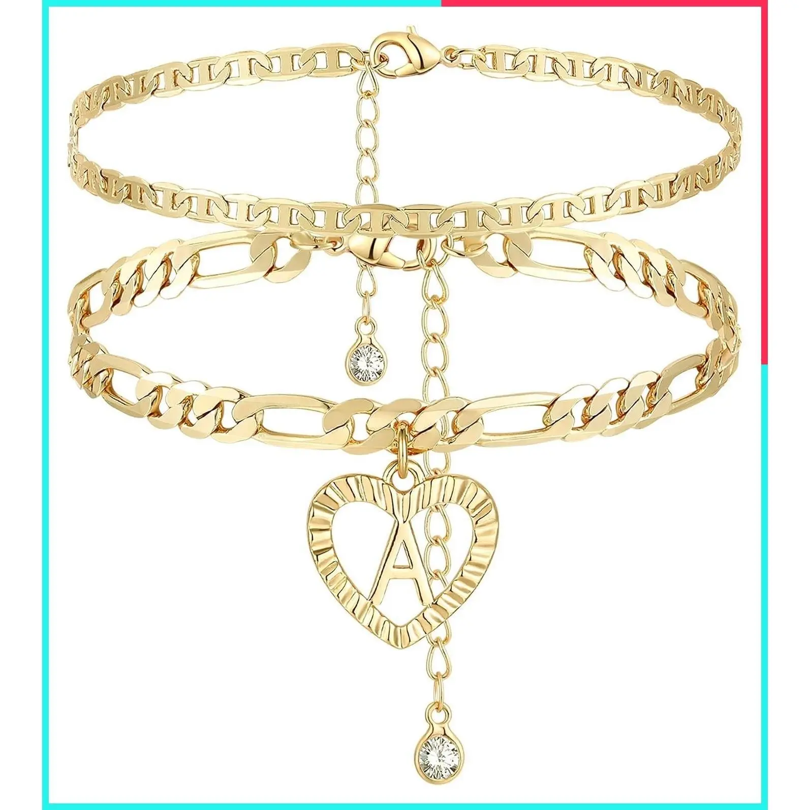 14K Gold Plated Initial Letter Ankle Bracelets for Women, Layered Figaro Chain, Handmade Heart Charm, Personalized Jewelry
