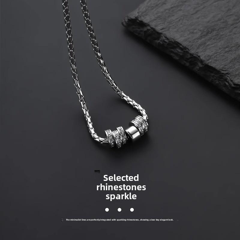 Sparkling diamond circle clavicle chain - men's trendy fashion slim waist stainless steel necklace - unisex couple style - trendy and versatile