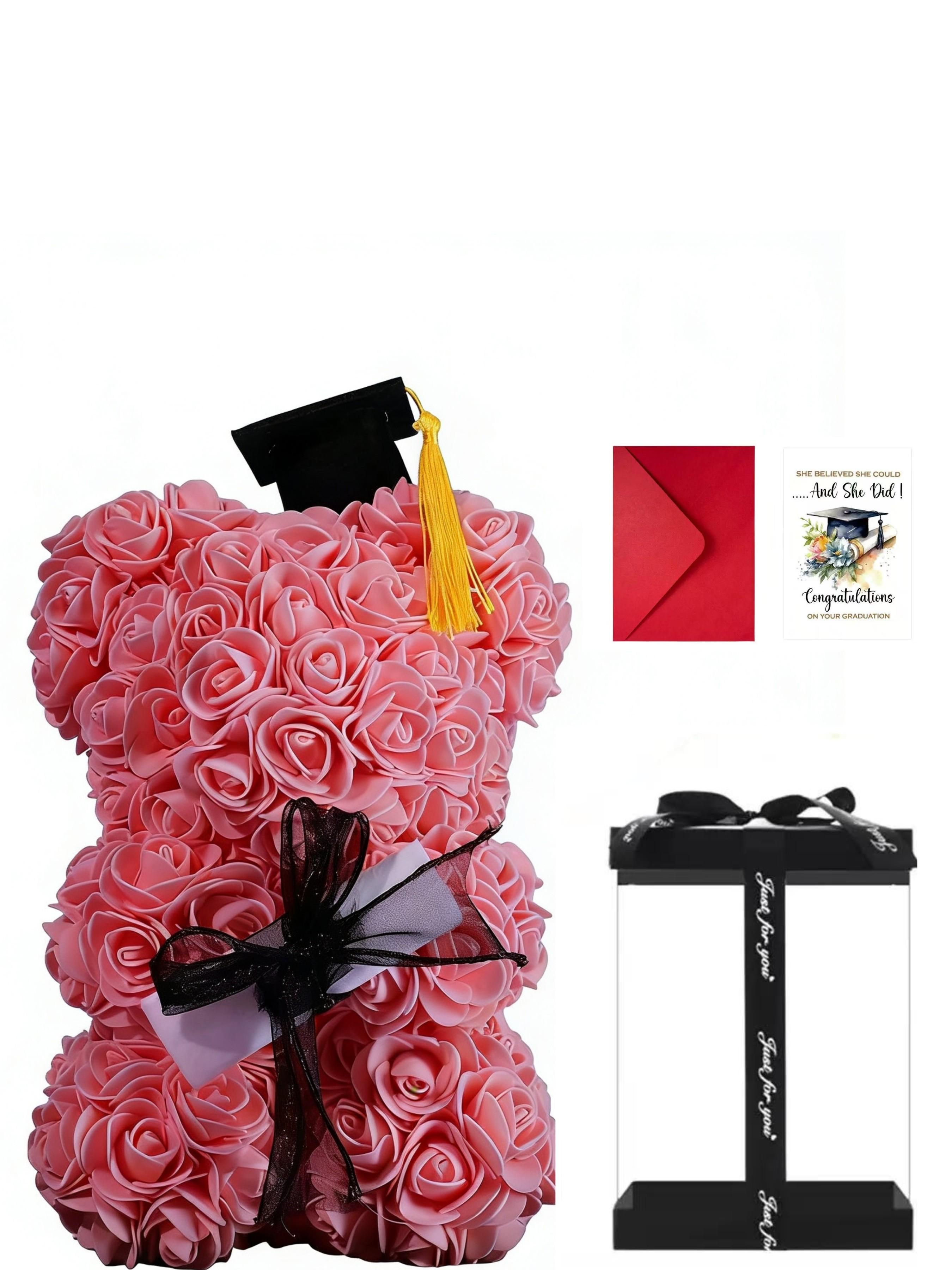 Graduation Gift Card with Bear Design, Pe Rose Flower Theme, Perfect for Classmates, Includes Envelope, Ideal Graduation Souvenir
