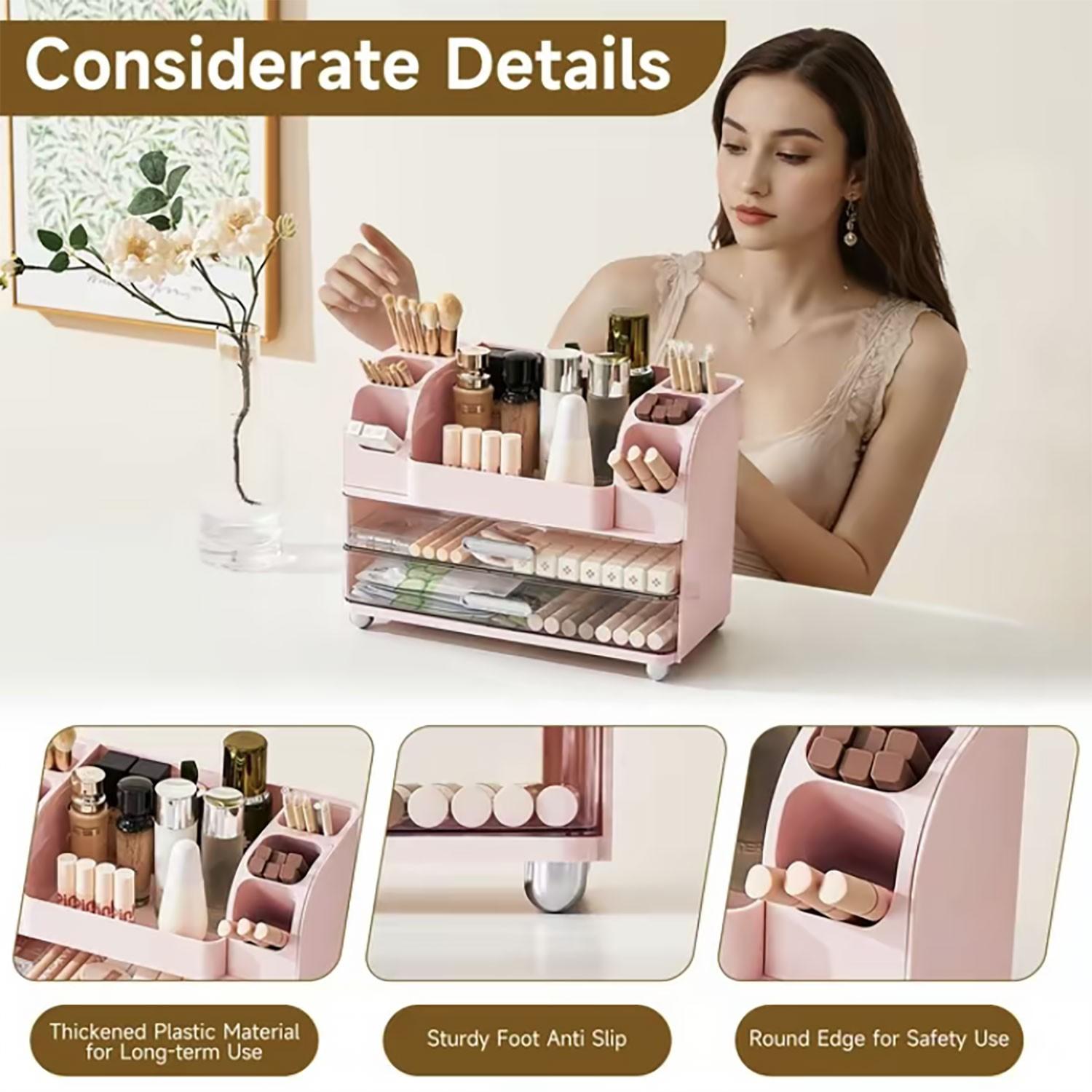 Large Capacity Makeup Organizer Box, Multifunctional Storage for Brushes, Lipsticks, Eyebrow Pencils, and Mirror, Perfect for Home and Travel Makeup Organization
