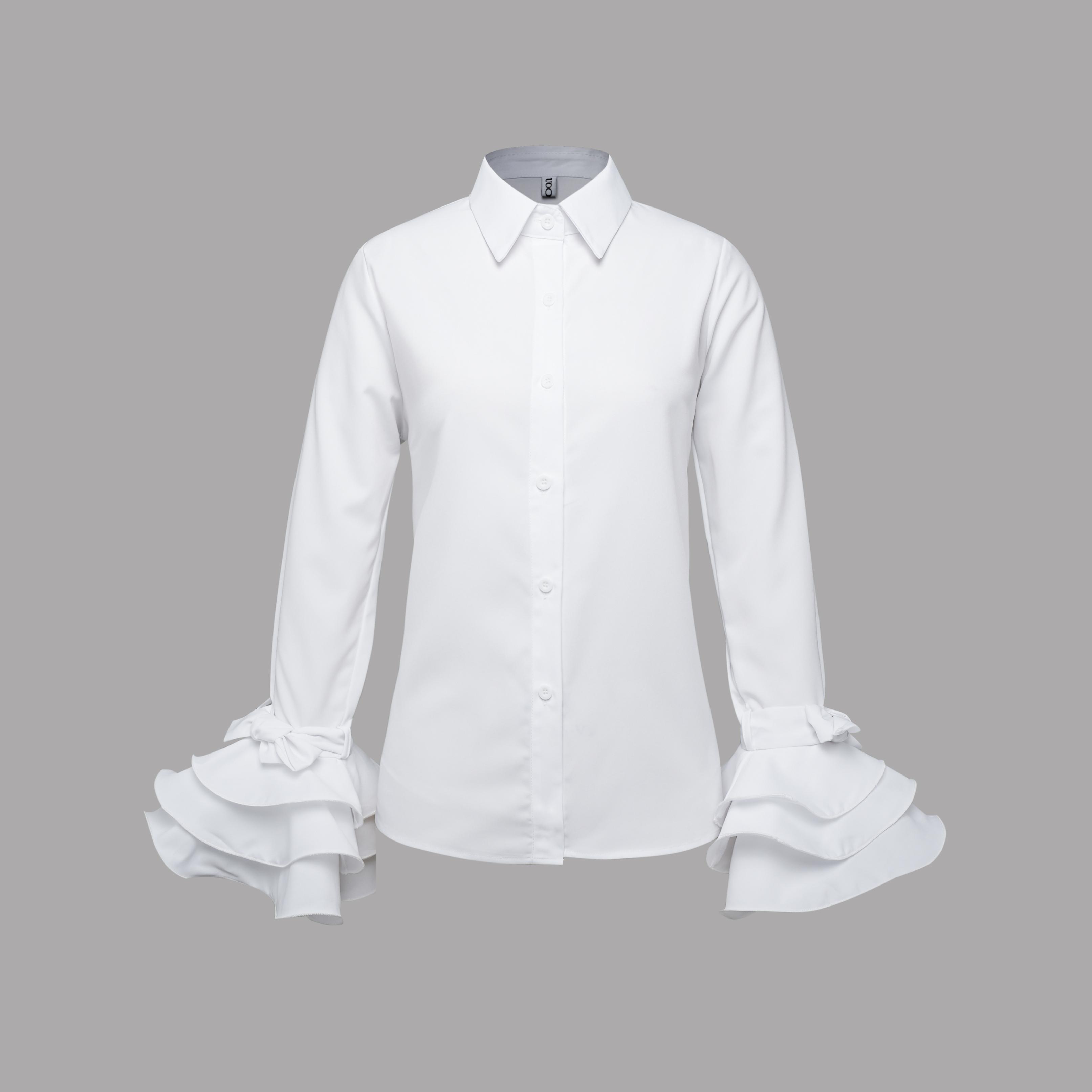 Flared Sleeves Bow-Embellished Falbala Solid Color Lapel Blouses&Shirts Tops Womenswear Casual Elegant Basic Outfit