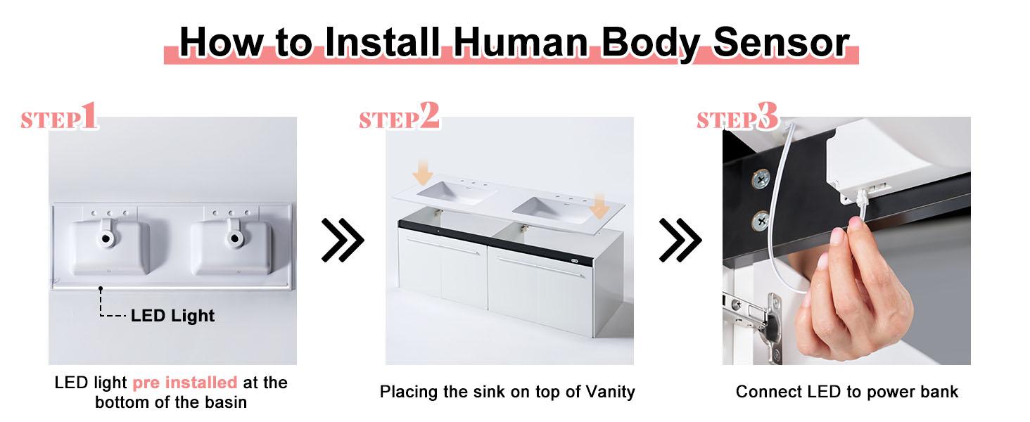 [Ships in 2 Boxes] VanAcc 31/60"Floating Bathroom Vanity with Sink, High Gloss Single Sink Wall Mounted Bathroom Storage Vanity Cabinet with LED Light & Metal Handles, Modern Bathroom Sink Cabinet