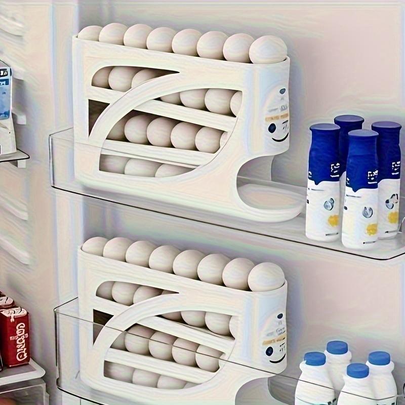4 Layer Rolling Egg Rack, Space Saving Side Door Design, Holds 30 Eggs, Smooth Finish, Convenient Handle, Kitchen and Fridge Storage