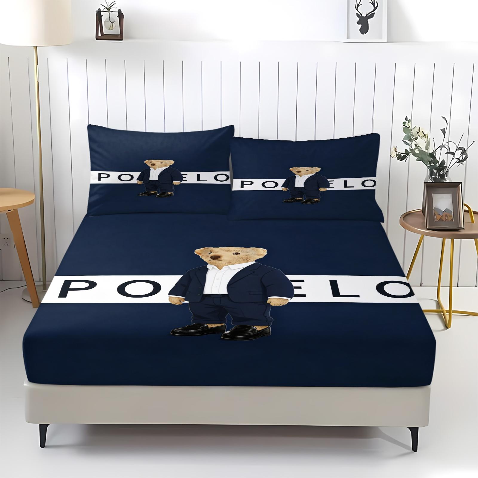 Teddy Bear Pattern Bed Sheet, Comfortable Printed Pattern, Includes 1 Bed Sheet and 2 Pillowcases, Comfortable Bedding, Non slip Dust Cover Suitable for Bedroom and Guest Room, Suitable as a Gift for Children or Adults, Bedsheet