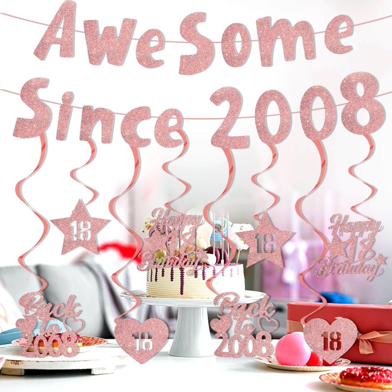 Happy 18 Year Old Birthday Decorations, Rose Banner with Hanging Swirls, Funny 18th Birthday Anniversary Party Supplies