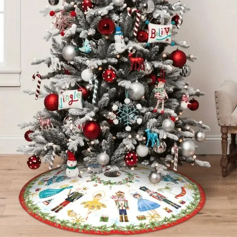 Nutcracker Christmas Tree Skirt with Wreath Design, Festive Polyester Ornament Mat for Indoor Outdoor Holiday Decorations, Party Decorations