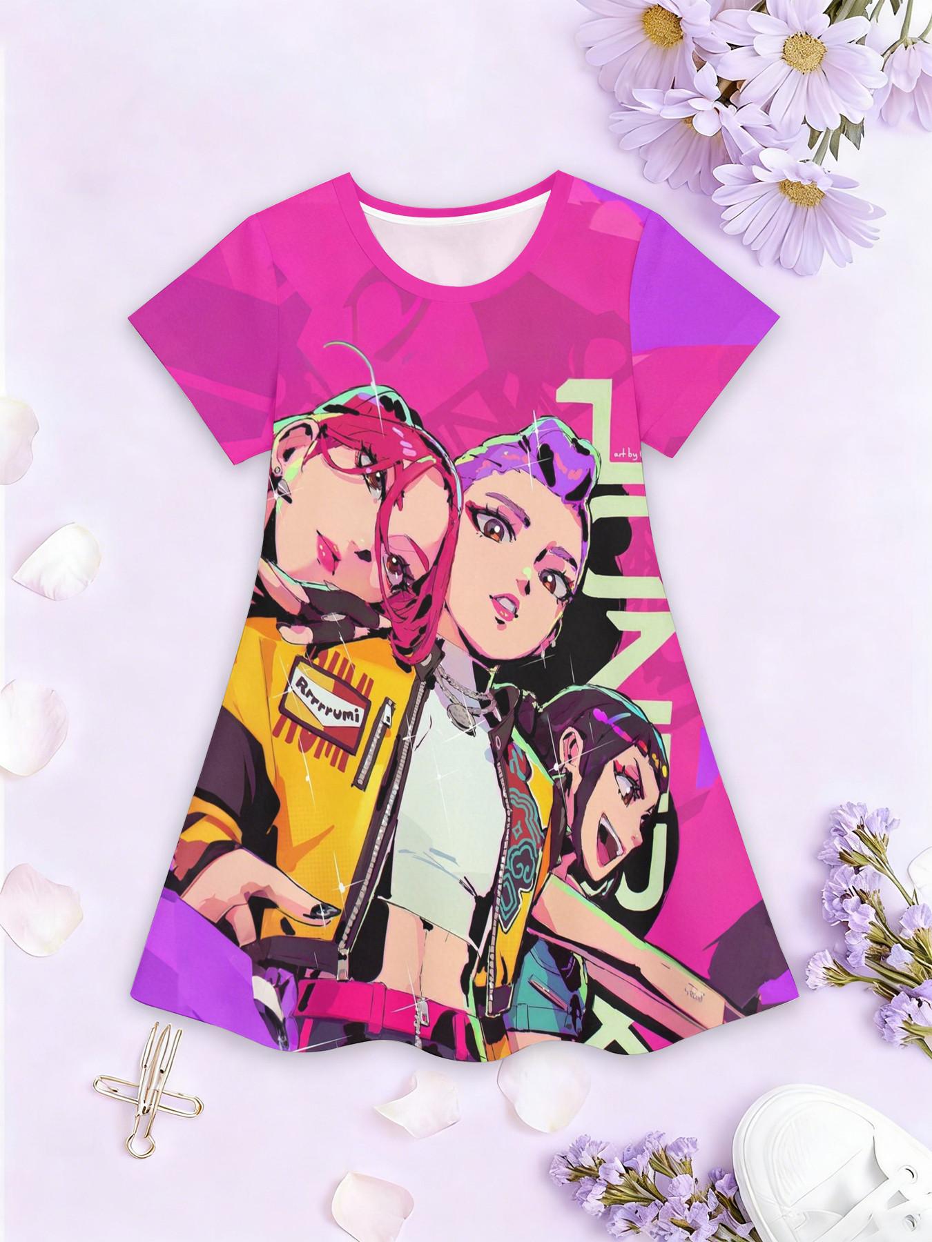 Girls' 3D Short Sleeve Dress, Cyber Graffiti Kpop Full Print Summer Dress, Perfect for Parties, Festivals, Gifts, Birthday Presents