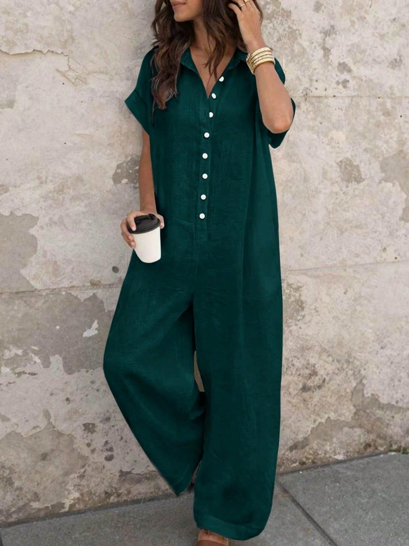 Women's Fashion French Style Chic Minimalist Loose-fit Oversized Jumpsuit with Button Design, Casual Wide-leg Jumpsuit for Summer, Womenswear, Suitable for Home, Outings, Vacation and Daily Commute, Holiday Jumpsuit