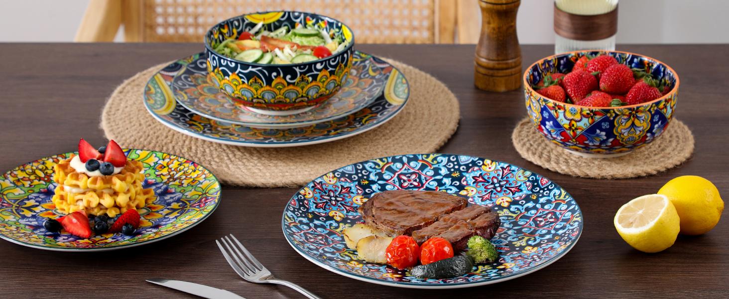 vancasso 12 Pieces Dinnerware Sets, Plates and Bowls Set, Porcelain Dishes Set for 4, Microwave and Dishwasher Safe, Scratch Resistant, Bohemian Style Dining Ware Service for 4, Series SIMI