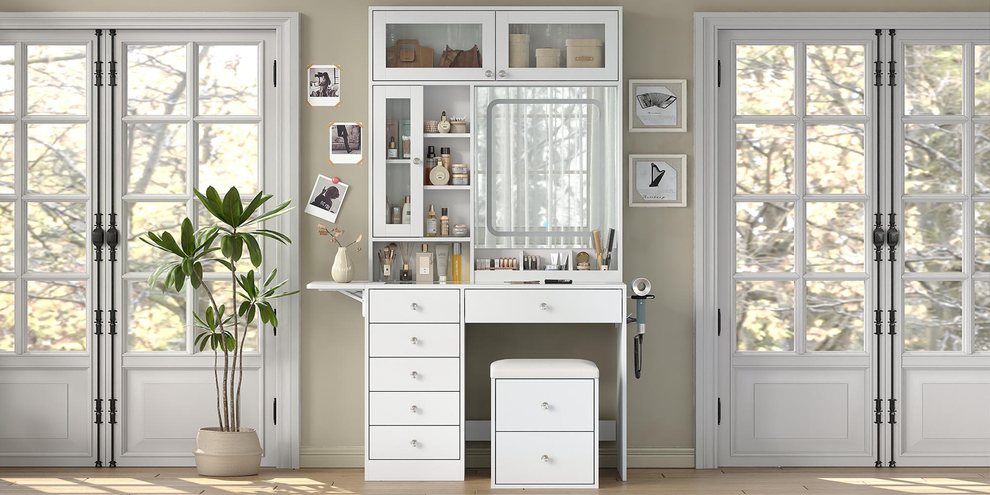 FUSOU 72‘’ Tall Multi Space Vanity Desk with Mirror and Lights, Makeup Vanity with Drawers & Storage Stool, Makeup Desk with Glass Top & Power Outlet, Dressing Table for Bedroom, White FUSOU 72‘’ Tall Multi Space Vanity Desk with Mirror and Lights, Makeup Vanity with Drawers & Storage Stool, Makeup Desk with Glass Top & Power Outlet, Dressing Table for Bedroom, White