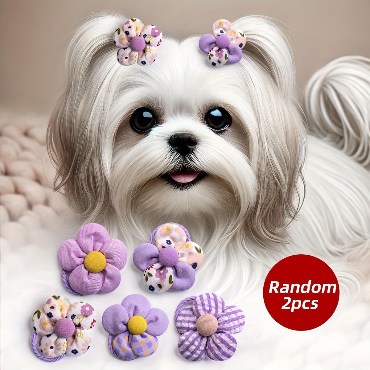 2pcs Cute Floral Dog Hair Ties - Assorted Purple Flower Elastic Bands for Pets, Ideal for Yorkies, Bichons & Maltese