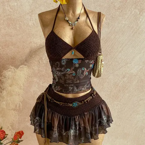 Ladies' Retro Paisley Printed Hook Flower Two Piece Set, Bohemian Hanging Neck Strap+Half Skirt Set, American Retro Y2K, Ethnic Style Splicing Mesh Hot Girl Set, Suitable for Spring, Summer, Autumn Leisure, Vacation, Date Wearing (No Belt)