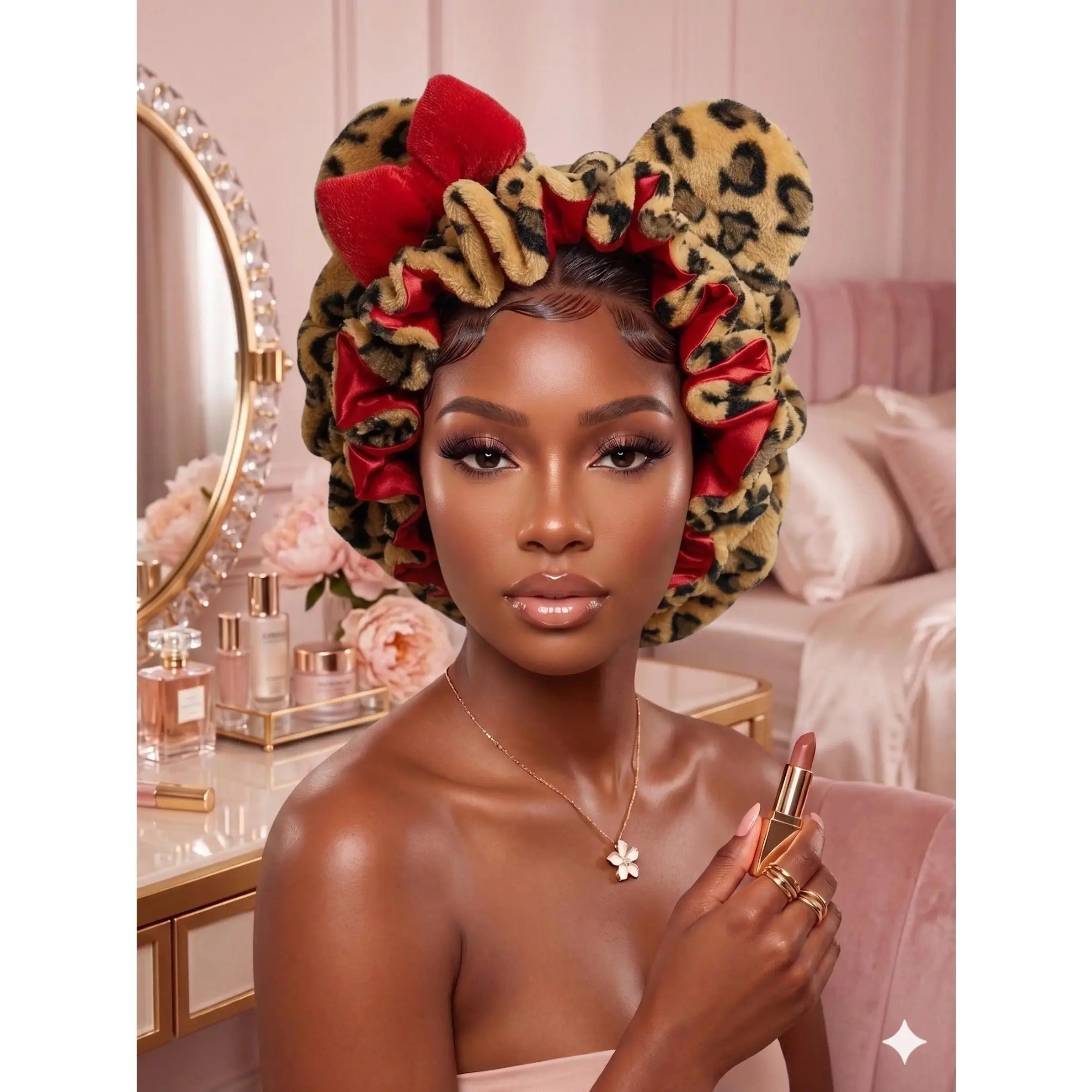 Women's Premium Plush Leopard Satin Bonnet for Sleeping – Double Layer Curly Hair Nightcap with Comfort-Fit Elastic Band & Animal Ears, Haircare, Beauty Products, Hydrating