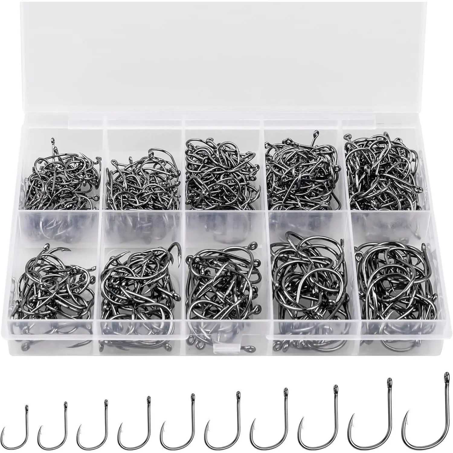 ReeMoo Premium Fishing Hooks 500PCS/12PCS, 10 Sizes Carbon Steel Hooks W/Portable Box, Strong Sharp Barbs for Freshwater/Seawater Fishing