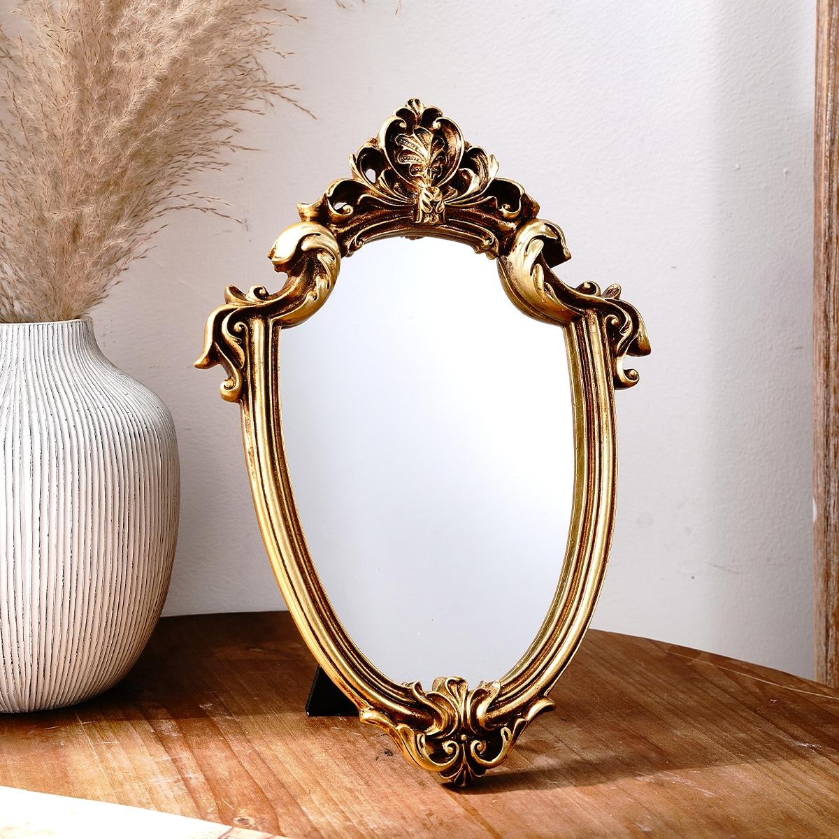 European Classical Gold Pattern Mirror Decorative Ornament, Wall-Mounted or Tabletop, Home Wall Decoration, Vanity Mirror