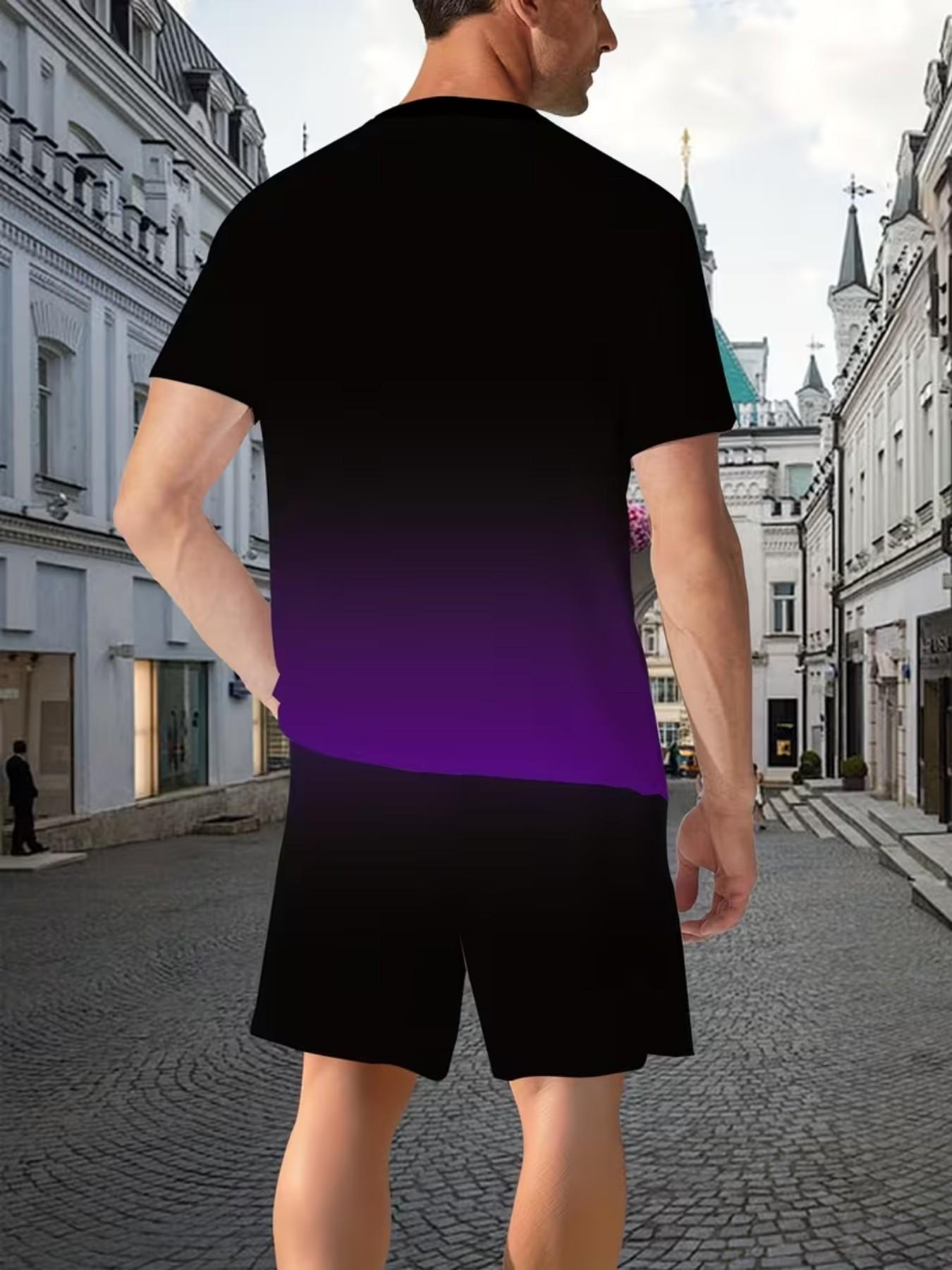 Men's Gradient Fitness Short Sleeve Set, Summer Trendy Sportswear Casual Two-Piece, Fitted Tee and Shorts, Regular Length