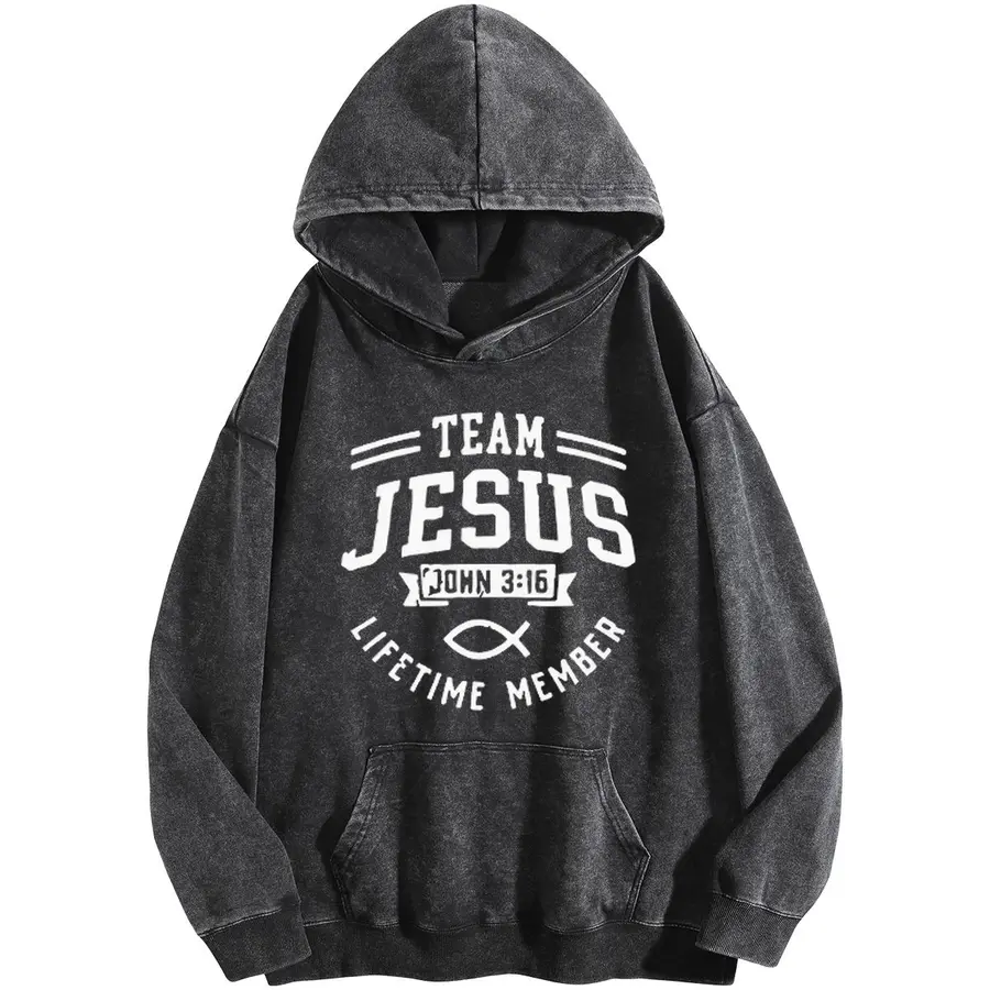 Wayii Team Jesus Lifetime Member John  Vintage Washed Hoodie, Christian Faith Ichthys Fish Graphic Pullover, Retro Distressed Long Sleeve Hooded Sweatshirt, Unisex Casual Streetwear Bible Verse Faith Apparel Gift