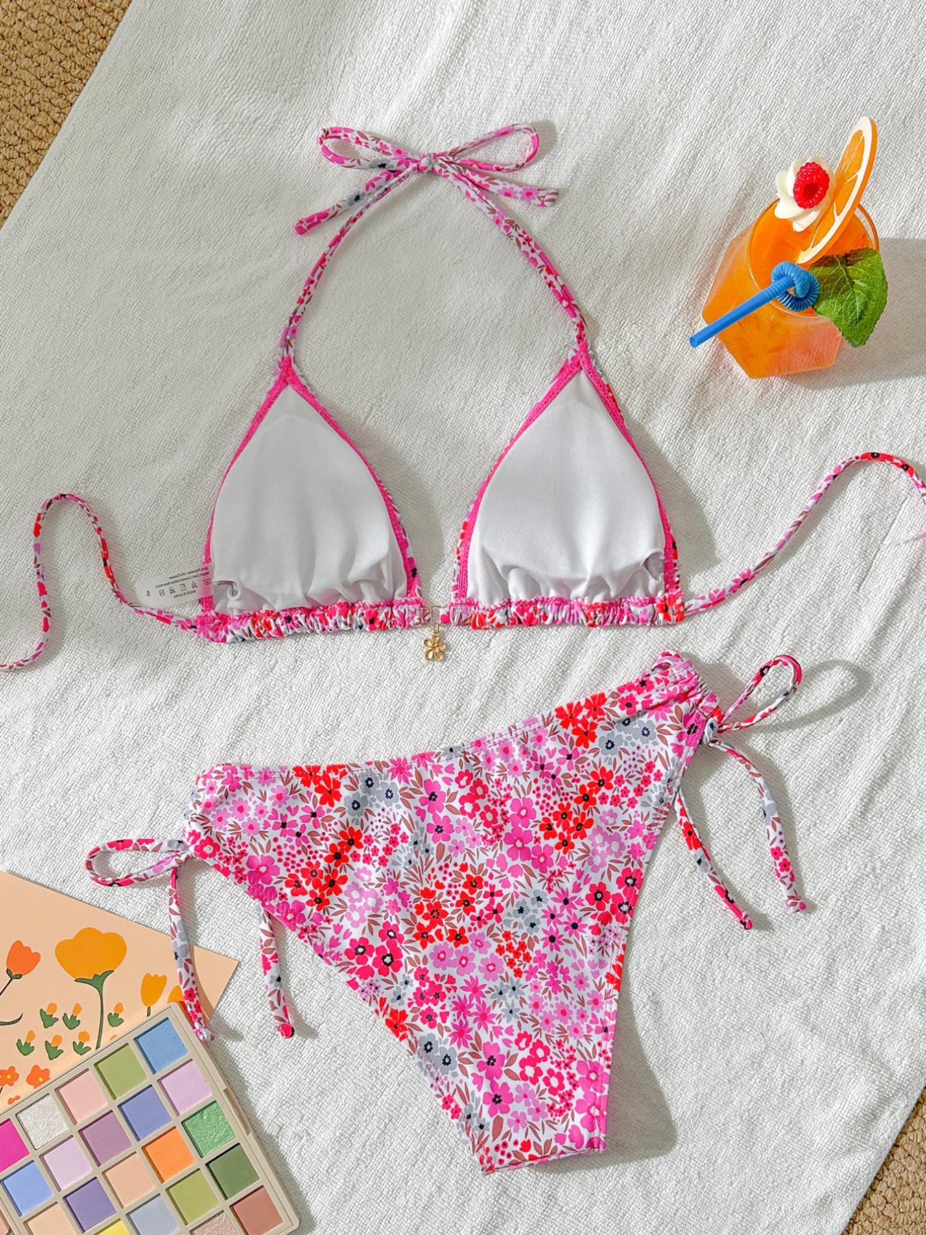 Women's High Waist Bikini Set, Floral Bikini Top, Thin Strap Floral Design, Two-Piece Swimsuit, Perfect for Beach Vacation and Summer Casual Wear