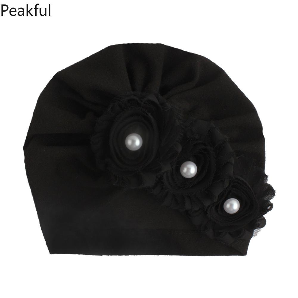 Kids Floral Pearl Decor Turban Hat, Popular Soft Cotton Baby Headwear, Elegant Toddler Headwrap, comfortable elastic design & charming flower details, great for casual outings, birthday parties and newborn photography