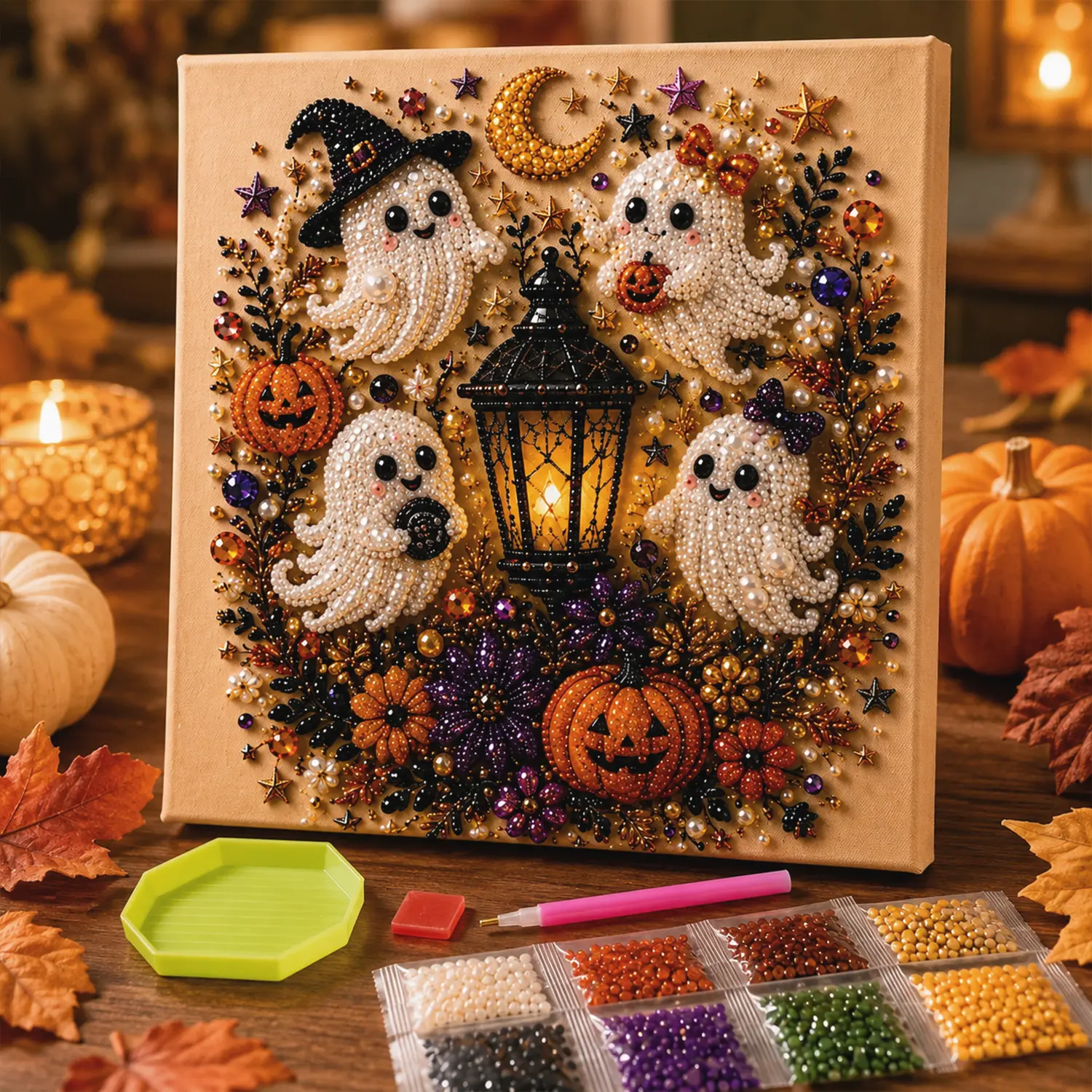 Halloween 5D Diamond Painting Kit, DIY Pearl Bead Art Canvas with Tools, Beginner Friendly Craft Kit for Adults and Teens, Skull Pumpkin Ghost Witch Crystal Rhinestone Embroidery Canvas Craft for Halloween Home Wall Decor Gift