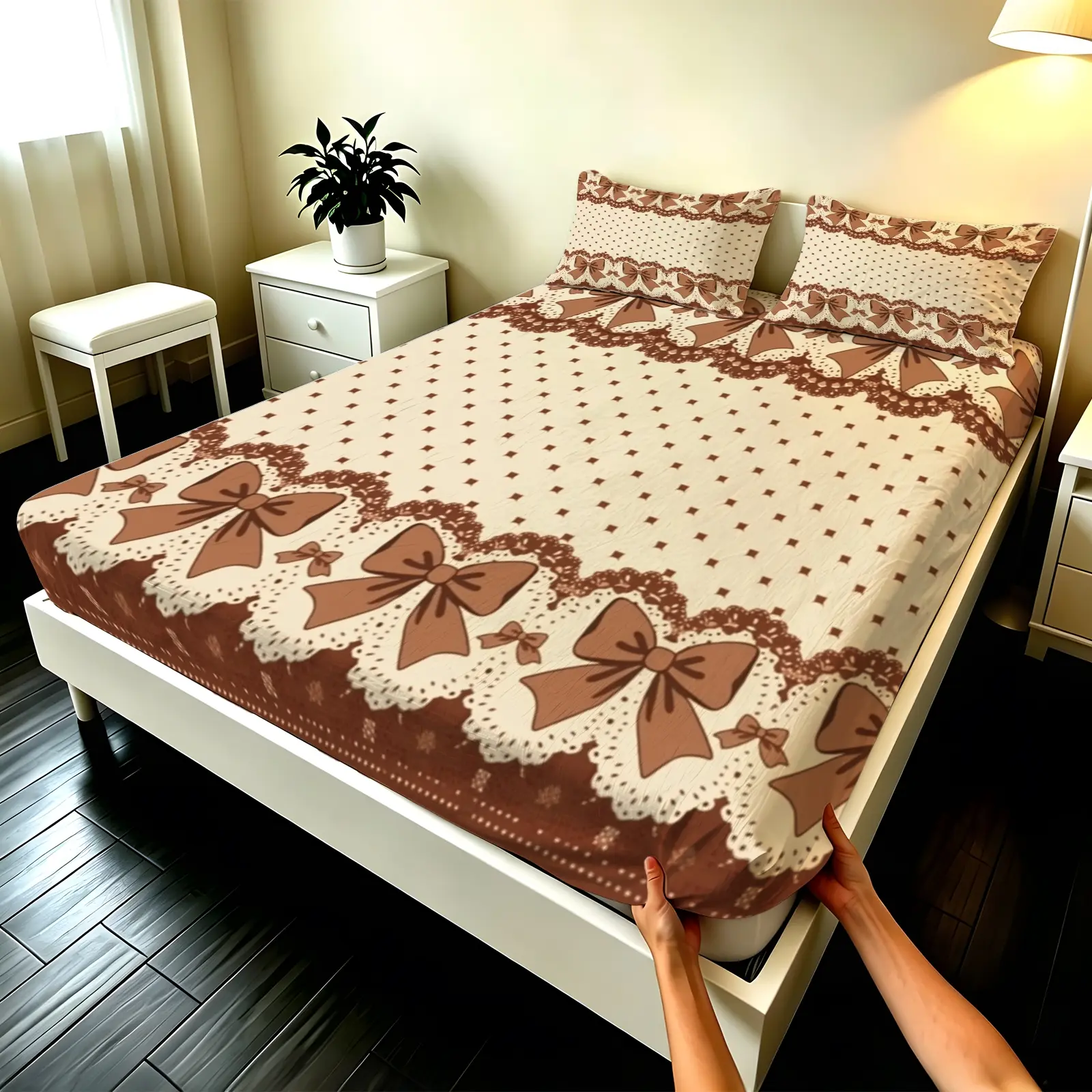 3pcs Fitted sheet Brown Bowknot Polka Dot Pattern Soft Microfiber Bedding Set, With Deep Pocket, Wrinkle Resistant, Fade Proof, Breathable Comfortable for Bedroom Hotel Home, Available In Twin Full Queen King Size