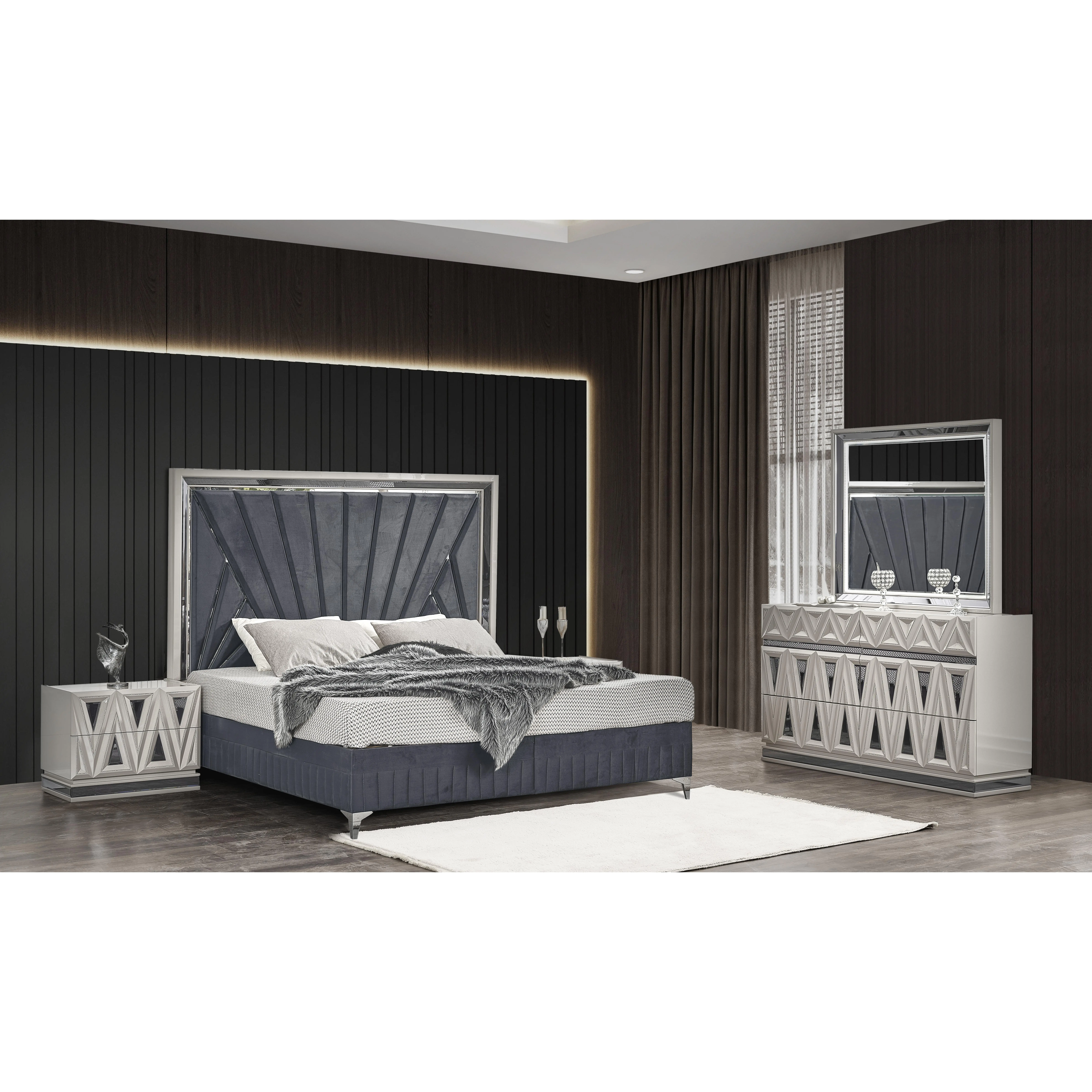 Nokaa Queen Upholstered Bedroom Set 4 Piece Modern Wood Bed with LED Lighting, Velvet Headboard, Hydraulic Lift Storage, Dresser, Mirror, Nightstand, Chest, Acacia Wood, Beige Black Grey, No Box Spring Needed, Queen Size Options, Beige+Black+Grey...