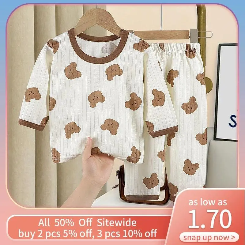 Cute Bear Print Baby Clothing Set Children Long Sleeve+Pants Two Pieces Suit Kids Cotton Pullover Top Tee Girl Boy Casual Outfit