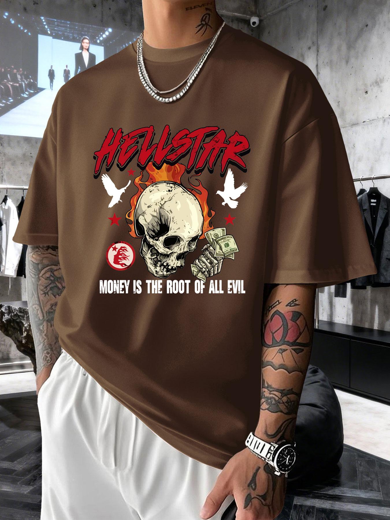 Men's Short Sleeve T-Shirt Summer Hellstar Flame Skull Dollar Print, American High Street Dark Fashion, Loose Fit Drop Shoulder Top