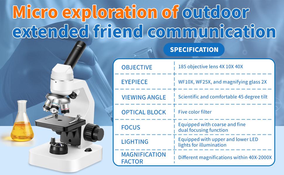 Professional composite microscope suitable for adults, children aged 8-12, and students | 2000x magnification laboratory and home microscope, with phone adapter, complete set of slides (black and white)