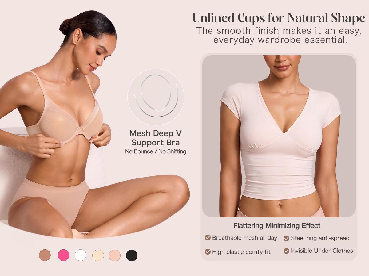 Deyllo Women's Unlined Underwire Deep Plunge Bra - Adjustable Strap, Ultra-Sheer Mesh, V-Neck Cut, Underwire Lift, Lightweight for Everyday Wear
