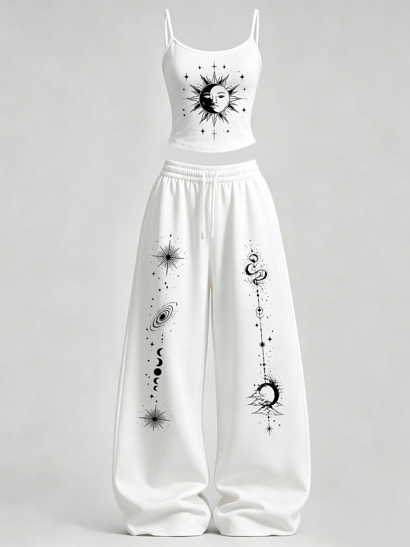 Women's Casual Slim-Fit Tank Top & Loose Pants Set, Y2K Gothic Starry Sky Print, Ideal for Daily Commute, Streetwear, Campus, Home Relax, Clothes Women's Casual Slim-Fit Tank Top & Loose Pants Set, Y2K Gothic Starry Sky Print, Ideal for Daily Commute, Streetwear, Campus, Home Relax, Clothes