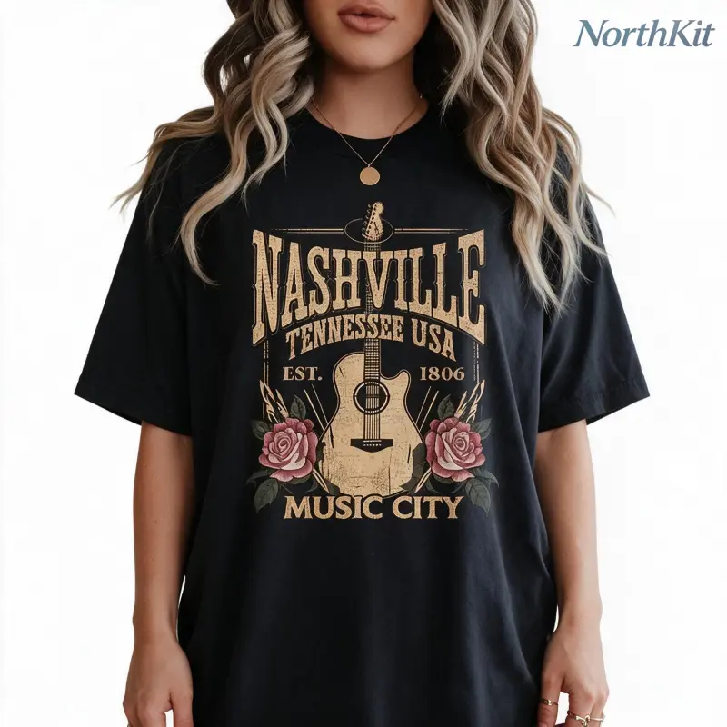 Women's Nashville Music City Graphic T-Shirt, Casual Vintage Country Tee with Rose Guitar Print, Lightweight Oversized Round Neck Top for Everyday Wear, Women's Clothes, Shirts For Women
